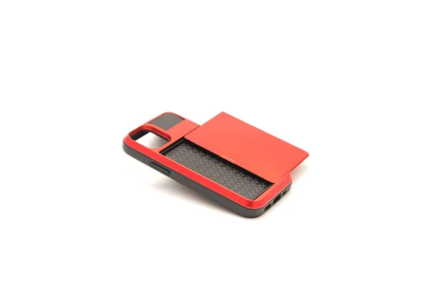Öppna Dolda Bakficka För Kreditkortsinnehavare Röd Plast Smarttelefon Fall Isolerad — Stockfoto