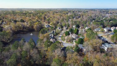 Lakeside residential neighborhood with row of two-story houses surrounded in woodland area lush green trees near Atlanta, Georgia, USA. Aerial view low-density urban forest