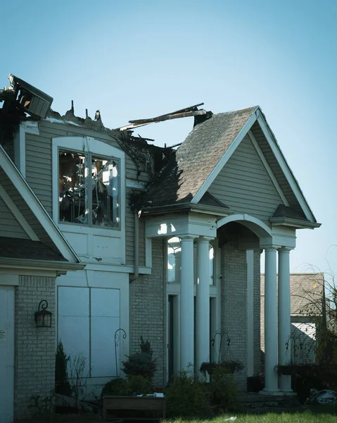 Toned Photo Ruined Two Story Houses Shingle Roof Front Garage — Stockfoto