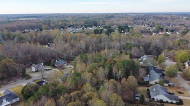 Yeşillik, yemyeşil ağaçlar, Hog Mountain Road, Flowery Branch, ABD yakınlarındaki yerleşik tek aile evleri olan ana yerleşim yeri. Gökyüzü manzaralı evler