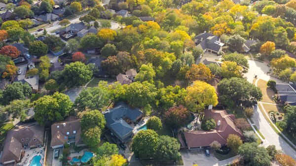 Cul-de-sac street in suburban residential neighborhood of beautiful fall foliage, lush greenery houses with swimming pool, fenced backyard in upscale area Dallas, Texas, USA. Aerial subdivision
