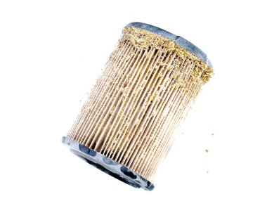 Side view dirty and contaminated shop vacuum filter made of 1-layer standard pleated paper, filtration system captures dry pickup of dirt, sawdust, debris isolated white background.  Cartridge filter clipart