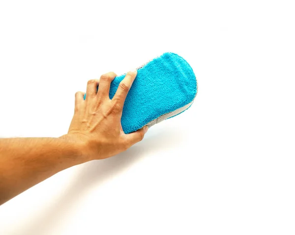 Top view Asian man hand holding microfiber sponge with bug mesh car cleaning foam easy grip comfortable to use washing isolated on white background. Super absorbent sponge clipping path copy space