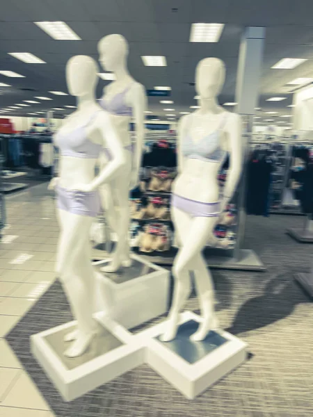 在得克萨斯州的私密商店里 一群身穿性感女性胸罩 内裤和内裤的白人模特儿们正在走来走去 紧身的背景时髦女士内衣 — 图库照片