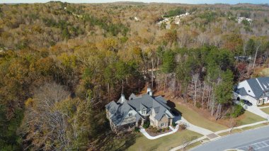 İki katlı büyük banliyö evleri geniş verimli yeşil ağaçlar, iyi döşenmiş manzaralar, Flowery Branch 'ta uzun beton yol, Atlanta, Georgia, ABD banliyöleri. Üst orta sınıf hava manzaralı ev