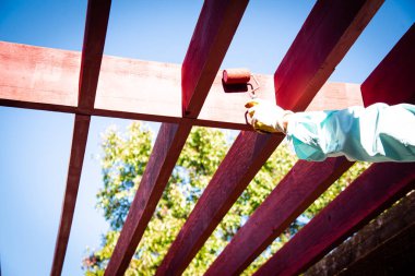 Asyalı erkek eli, 4 inç paten boyalı pergola kereste kullanarak eldivenler giyiyor. Sekoya lateks su bazlı dış leke rengi, ev dekorasyonu, ev yenileme projesi. Becerikli