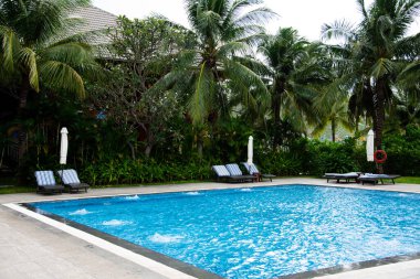 Hindistan cevizi palmiyeleri ve havuz kenarında şezlonglu şezlong, çökmüş beyaz plaj şemsiyesi, rahat koltuklar, tropikal bahçe, Nha Trang, Vietnam 'da 5 yıldızlı otel. Seyahat