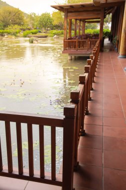 Geleneksel Vietnam ahşap evlerinin ahşap korkuluklarıyla dolu uzun koridor beton sütun temelinde, palmiye yapraklarıyla sazlanmış çatı, çiçek açan mor zambak çiçekleriyle sütunlarda yükseltilmiş. Asya