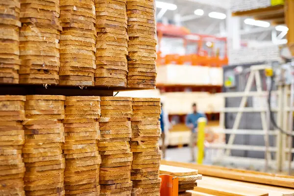 Close-up full pallet of wooden cedar pickets with blurred in-store lumber cutting service machine in background at home improvement store, Dallas, 1x6 unfinished natural look dog ear privacy top. USA