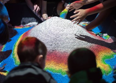 Earth science exhibit augmented reality game at large sandbox table with overhead sensors, colored lights, shadows of diverse kids playing, topography, earth science, project topographic lines. USA clipart