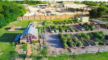 Kuzey Dallas 'ta büyük fabrika yakınlarında cam serası olan şehir bahçesi ahşap metal döşekler yükseltilmiş yataklar, depolama kulübeleri, Texas' ta bahçıvanlık yapan bir grup yama, anten. ABD