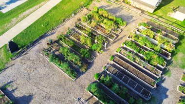Kuzey Dallas 'ta sebze sulayan bahçıvanlarla dolu ahşap ve metal yığınları, Teksas' ta gıda bankası bağışı yapan bir arazi grubu, hava manzarası. ABD