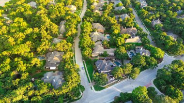 Dallas Fort Worth Metroplex 'in kuzeyinde ağaç sıralı bir cadde, iki katlı pahalı evler büyük arka bahçeler, yüzme havuzu, malikane villası, hava manzarası. ABD