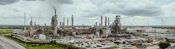 stock image Stormy cloud over a large oil refinery complex plant with gas flare, crude oil distillation unit, storage tanks, utility systems, pipelines in agriculture agro-town San Antonio, Texas, aerial. USA