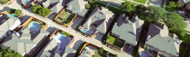 Panorama row of upscale single-family homes with inground swimming pools, large two-story suburban mansion houses in Wentworth Estates, West Plano, suburbs Dallas Fort Worth, tree lined street. USA clipart