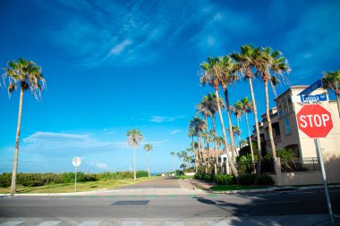 Intersection of residential street with row of upscale two-story beach houses, porch, clay tile roofs, palm trees under sunny cloud blue sky in tropical South Padres Island, travel destinations. USA clipart