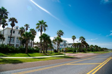 South Padre Adası yakınlarındaki okyanus bulvarı, State Park Road 100 boyunca uzanan yol kenarındaki plaj evleri, çok katlı beyaz renkli kiralık evler güneşli mavi gökyüzü. ABD