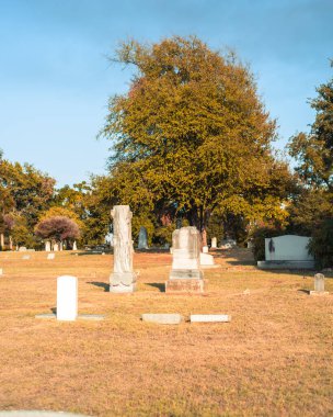Mezar taşını ya da mezar taşını yakın planda tut. Mezar taşını Farmers Branch, Texas 'taki bir mezarlığa koy. Detaylı taş levha cenaze taşı taşı, uzun ağaçların altındaki stela, mezarlık, mezarlık. ABD