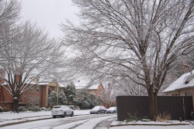 Park halindeki konutlarda lastik izleri, tek aile evleri kış fırtınasında yoğun karla kaplı ağaçlar DFW 'yi vurdu alışılmadık kar yağışı, Coppell, Dallas' ın banliyölerinde soğuk hava. ABD