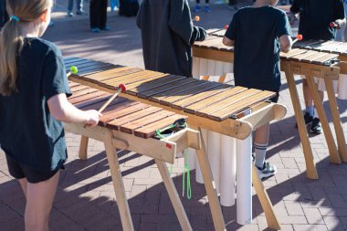 Marimba tokmağı oynayan ilkokul öğrencileri Coppell, Texas 'taki halk parkında ahşap döşeme tahtaları, PVC borular ve orkestralar üzerine açık hava müzik performansı sergilediler. ABD