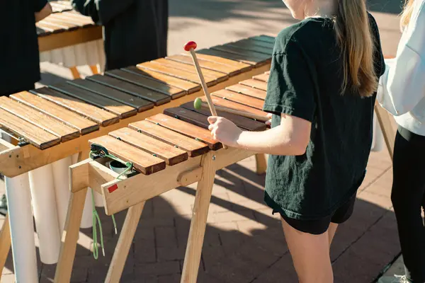 Marimba tokmağı oynayan ilkokul öğrencileri Coppell, Texas 'taki halk parkında ahşap döşeme tahtaları, PVC borular ve orkestralar üzerine açık hava müzik performansı sergilediler. ABD