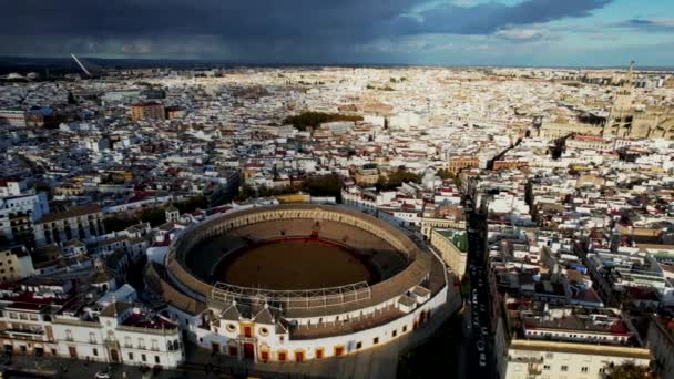 Aerial Plaza Toros Bullfighting Ring Seville Sevilla Spain — стоковое видео