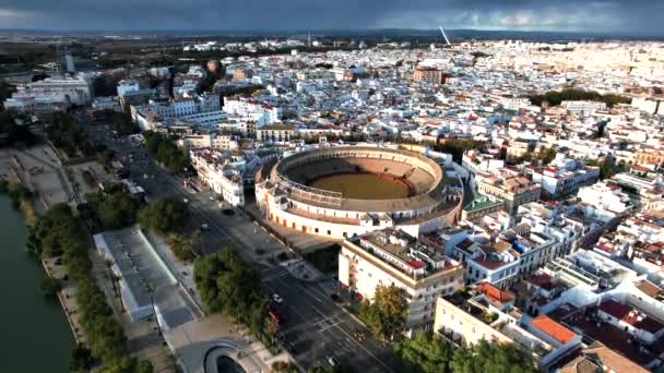 Aerial Plaza Toros Bullfighting Ring Seville Sevilla Spain — стоковое видео