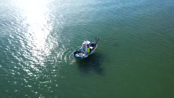 Μικρό Αλιευτικό Σκάφος Που Περιβάλλεται Από Γλάρους Θαλασσινό Νερό Πίσω — Αρχείο Βίντεο