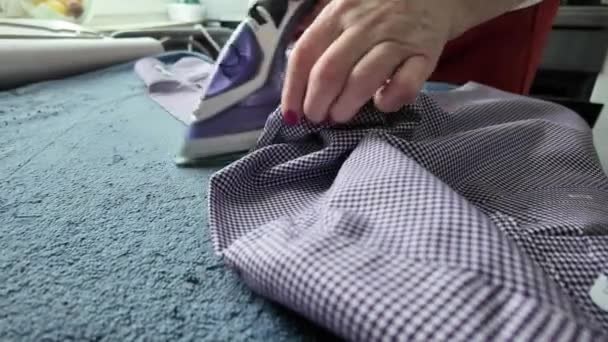 Top View Woman Ironing White Shirt Clothes Home Doing Household — Stock Video