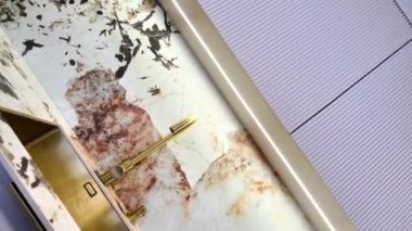 Gri mobilyaları ve altın bir lavabosu olan modern, lüks bir mutfak. Yüksek kalite 4k görüntü