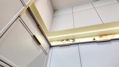 Gri mobilyaları ve altın bir lavabosu olan modern, lüks bir mutfak. Yüksek kalite 4k görüntü