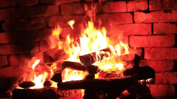 Brennholz Brennt Kamin Flammen Vor Dunklem Hintergrund — Stockvideo