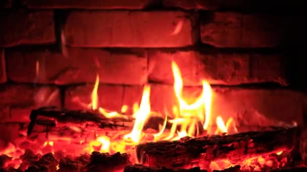 薪は暖炉の中で燃えている暗い背景で炎 — ストック動画