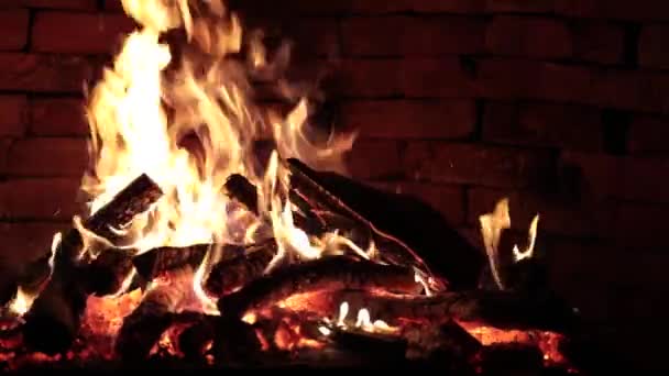 薪は暖炉の中で燃えている暗い背景で炎 — ストック動画