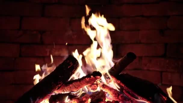 柴火在壁炉里燃烧 火势在黑暗的背景下燃烧 — 图库视频影像