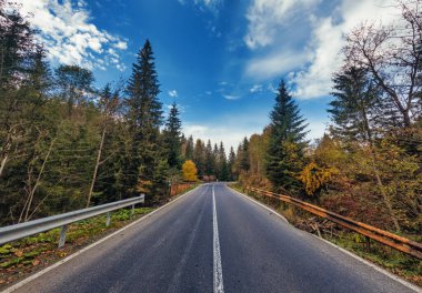 Sonbahar dağ manzarası. Dağlarda asfalt yol. Seyahat ve turizm konsepti. Mavi arka planda sarı, turuncu ve renkli ağaçlar.