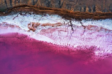 Top view of the salt-covered shore of Pink Lake. Drone view