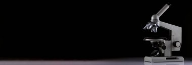 A microscope with three lenses on a black background. Concept, research science and medicine.