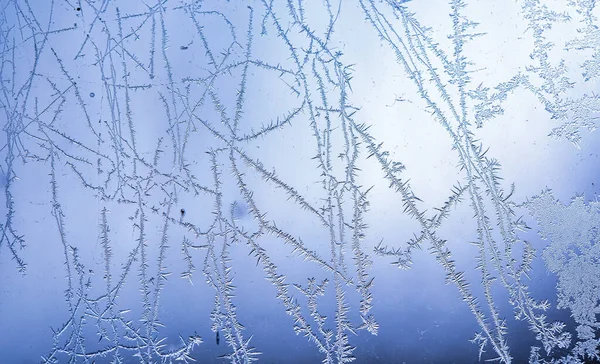 Frost on the glass. Abstract natural texture. Drawing of ice crystals on a blue background.