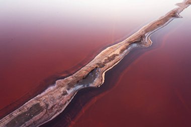 Top view of the salt-covered shore of Pink Lake. Drone view