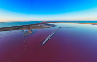 Top view of the salt-covered shore of Pink Lake. Drone view