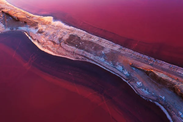 Top view of the salt-covered shore of Pink Lake. Drone view