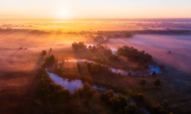 The channel and bends of the river, on a marshy meadow. Orange dry grass, scorched by the summer heat, and morning fog.