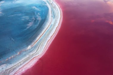 Top view of the salt-covered shore of Pink Lake. Drone view