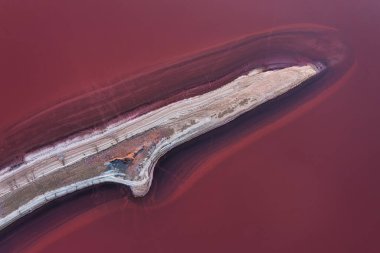 Top view of the salt-covered shore of Pink Lake. Drone view