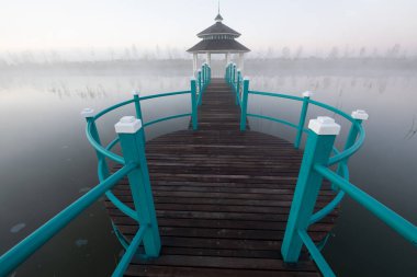 Summer morning landscape. Gazebo and wooden bridge on the lake. A wonderful summer landscape.
