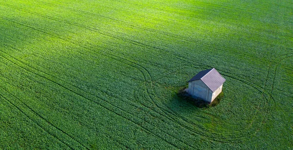 Find serenity in nature with this image of a solitary house on a green field. Escape the noise of the city and enjoy the peacefulness of the countryside