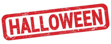 Kırmızı dikdörtgen damga işareti üzerine yazılmış Cadılar Bayramı metni.