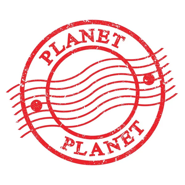 stock image PLANET, text written on red grungy postal stamp.