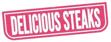 Pembe grungy mühür işareti üzerine yazılmış Lezzetli Biftek metni.